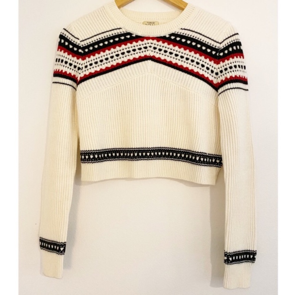 Torn by Ronny Kobo Crew Neck Cream Crop Sweater with Red and Black Design, XS - Picture 7 of 7